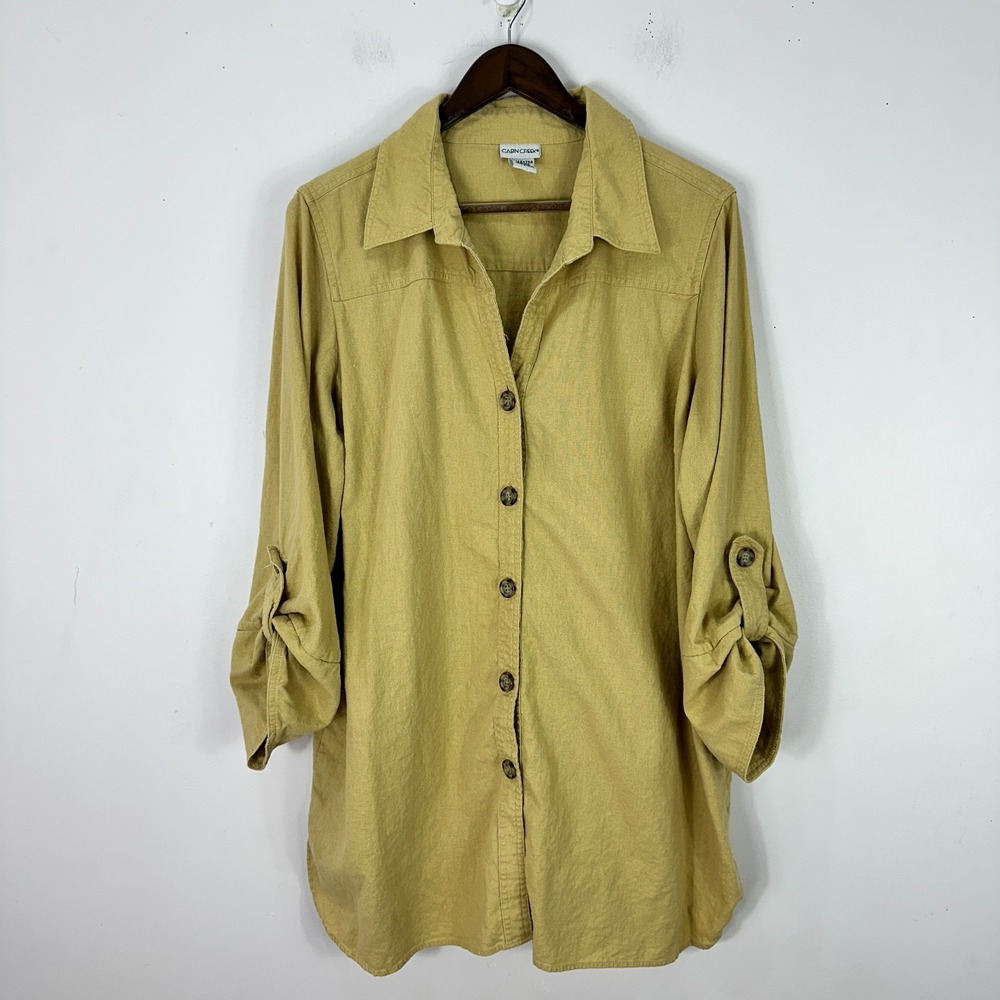 Cabin Creek Button Down Shirt Womens 1X Tan Linen Blend Minimalist Lagenlook